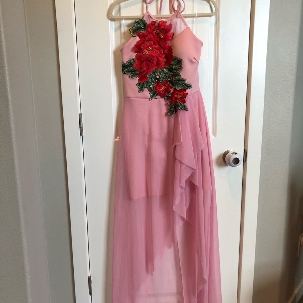 NWOT pink halter high-low dress with rose detail
